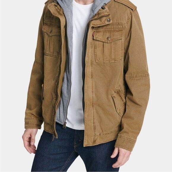 LEVI’SMen’s Gray & Sherpa Lined Hooded Zip Front Trucker Khaki Jacket Size S